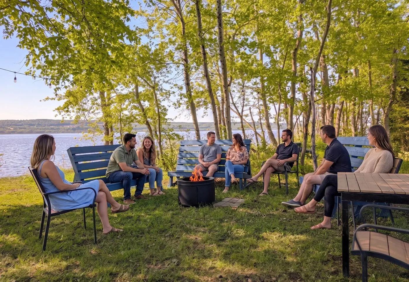 Groupe d'amis autour du feu sous les bouleaux, au bord du fleuve