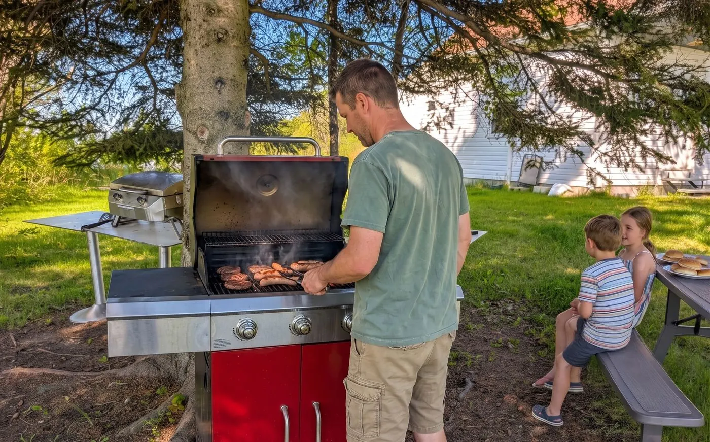 Papa au BBQ commun rouge au propane pendant que les enfants attendent à la table à pique-nique