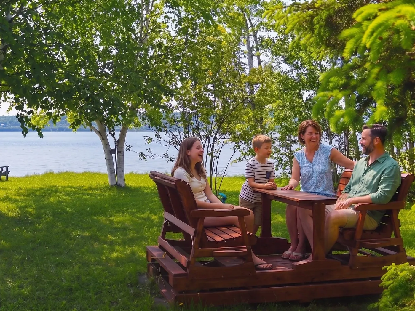 Famille qui rit autour d'une table en bois sous les bouleaux, au bord du fleuve