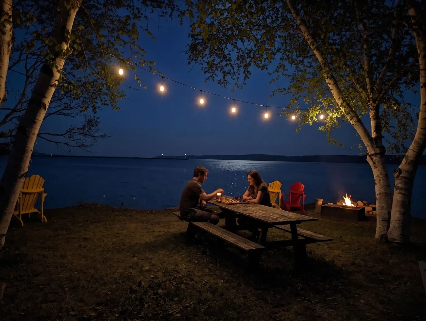 Souper sous les guirlandes de lumières au bord du fleuve, avec un feu tout près