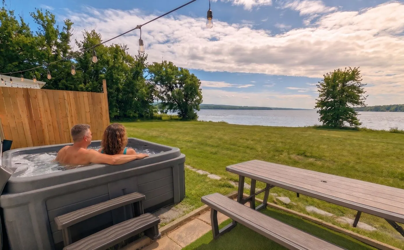 Spa d'un condo sur le terrain, face au fleuve Saint-Laurent
