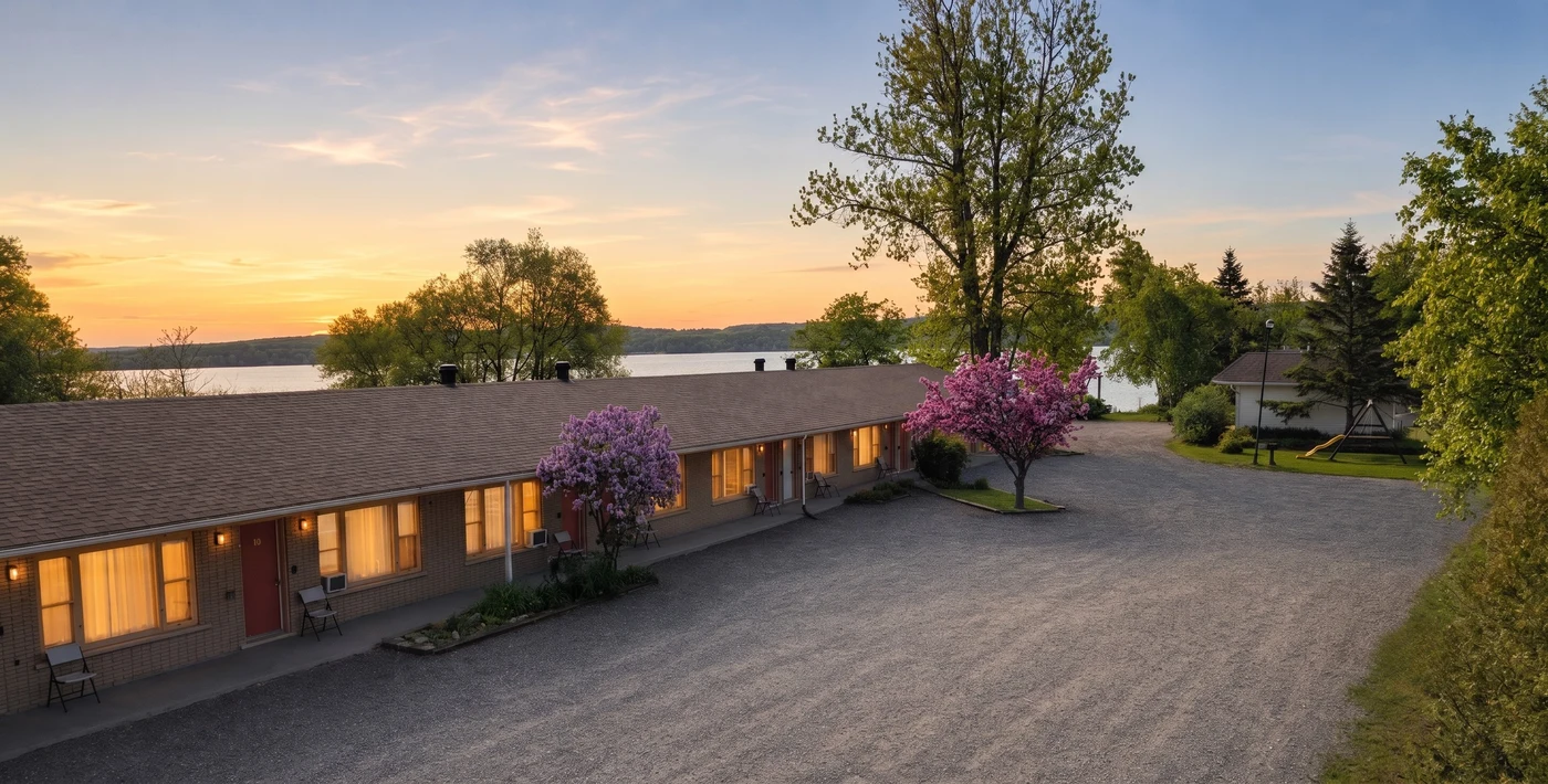 Fleuve et Montagnes au coucher du soleil, les bâtiments, les lilas et le Saint-Laurent