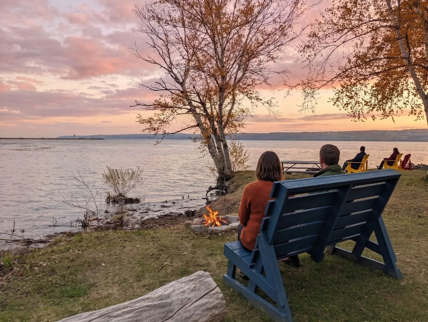 Couple assis sur un banc près d'un feu, face au fleuve au coucher du soleil