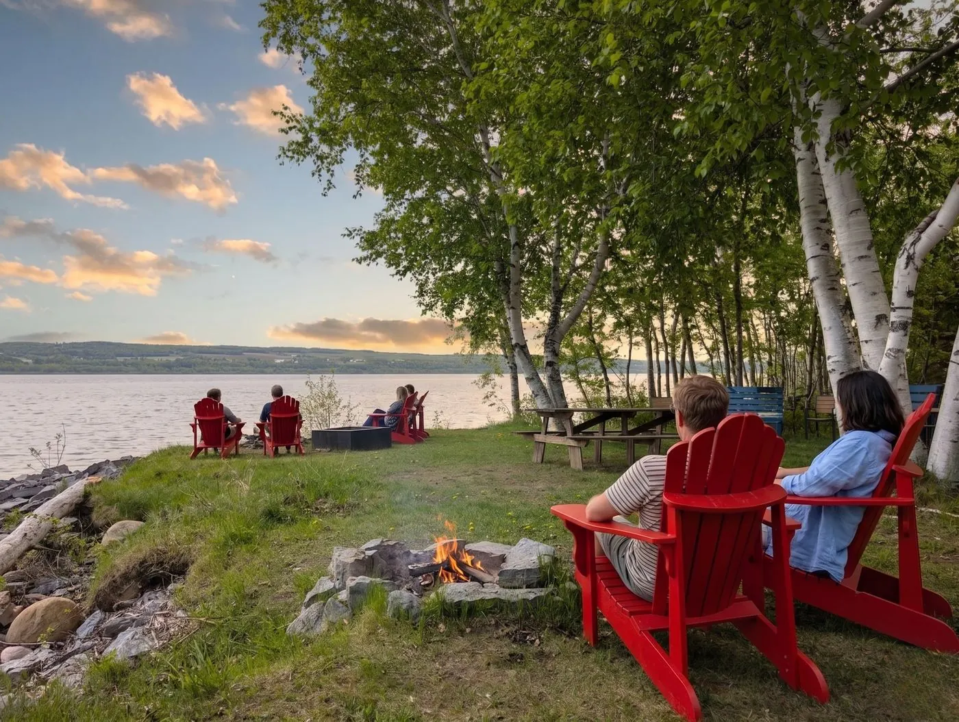 Invités dans des chaises rouges autour d'un feu sur la berge