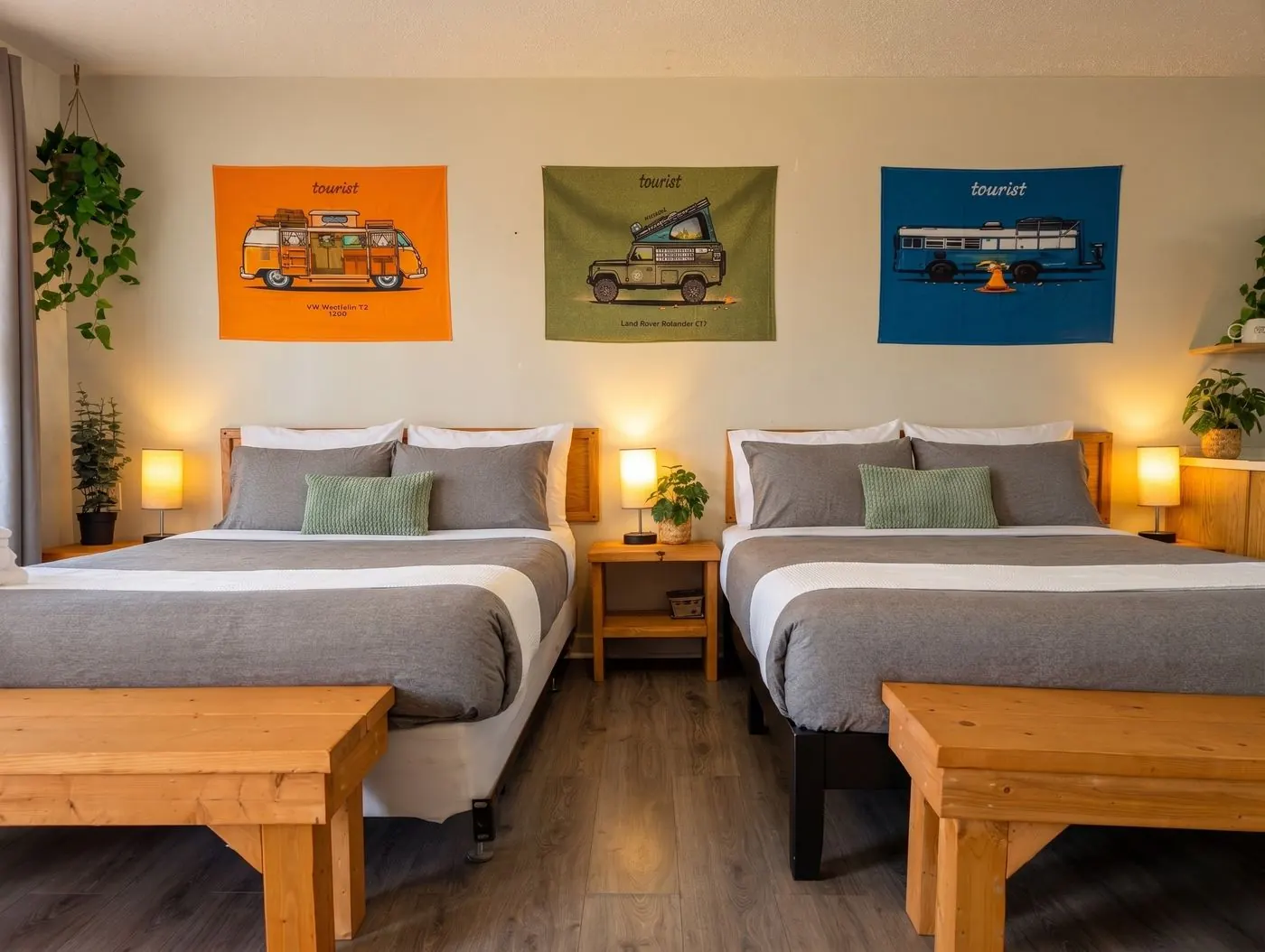 Deux lits queen sous trois affiches vanlife dans un studio de Fleuve et Montagnes